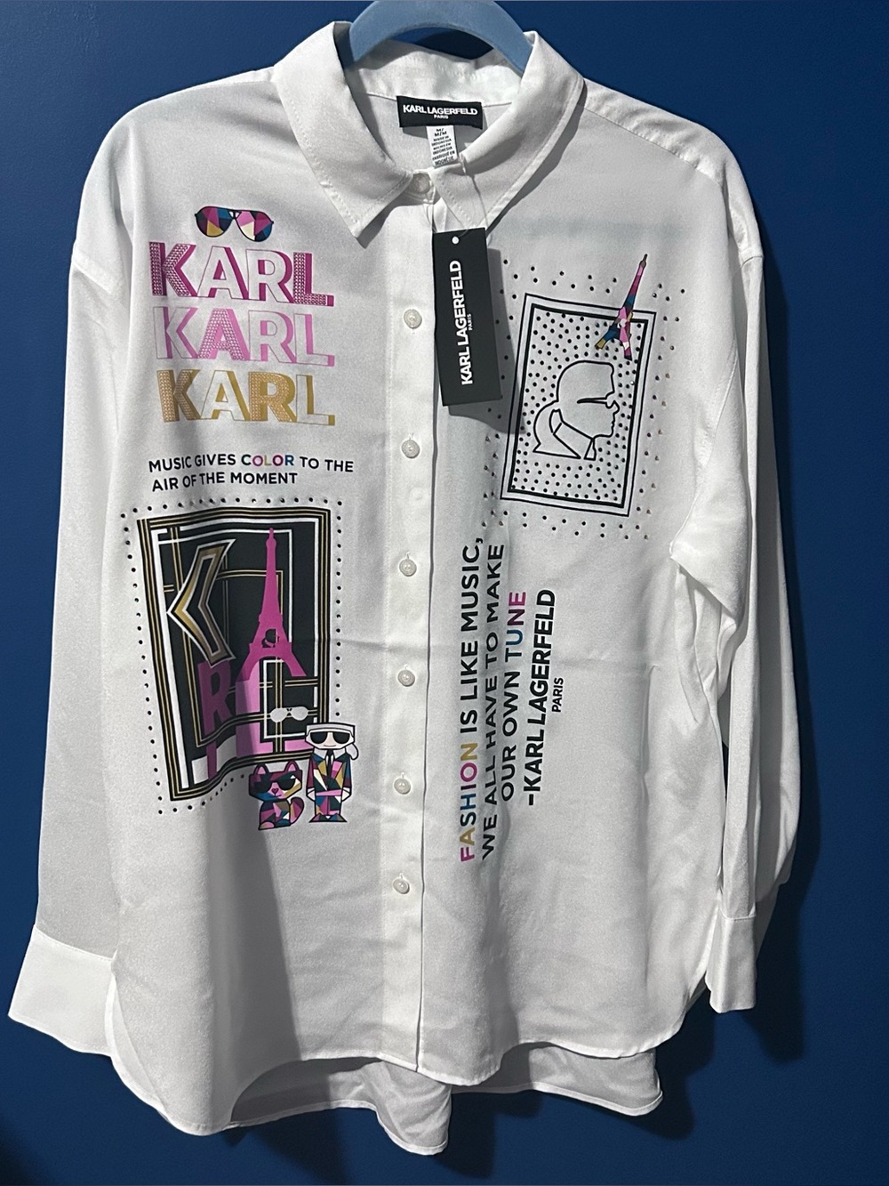 Karl Lagerfeld NWT Women’s Size Medium Graphic Print White Long Sleeve Blouse